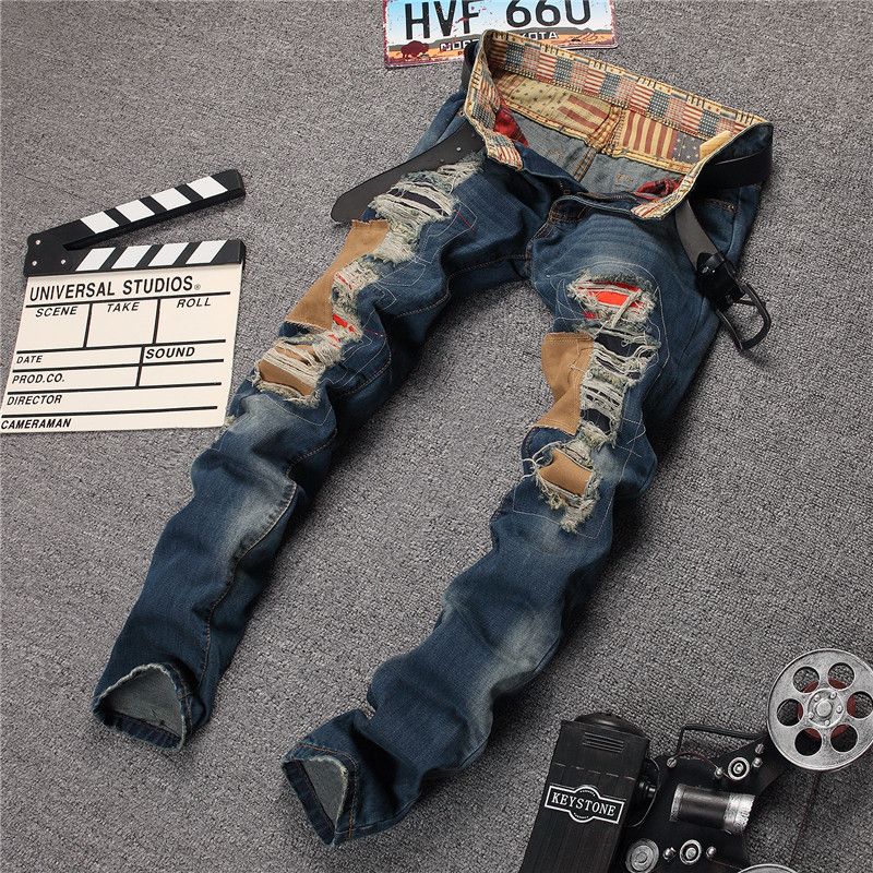 2017 2016 Patchwork Jeans For Men Classical Streetstyle Plus Size Hole