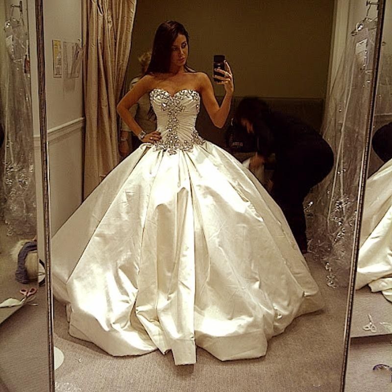 Luxury Ivory Wedding Dresses Silver Rhinestone Shiny Ball Gown Royal Train Sweetheart Backless ...