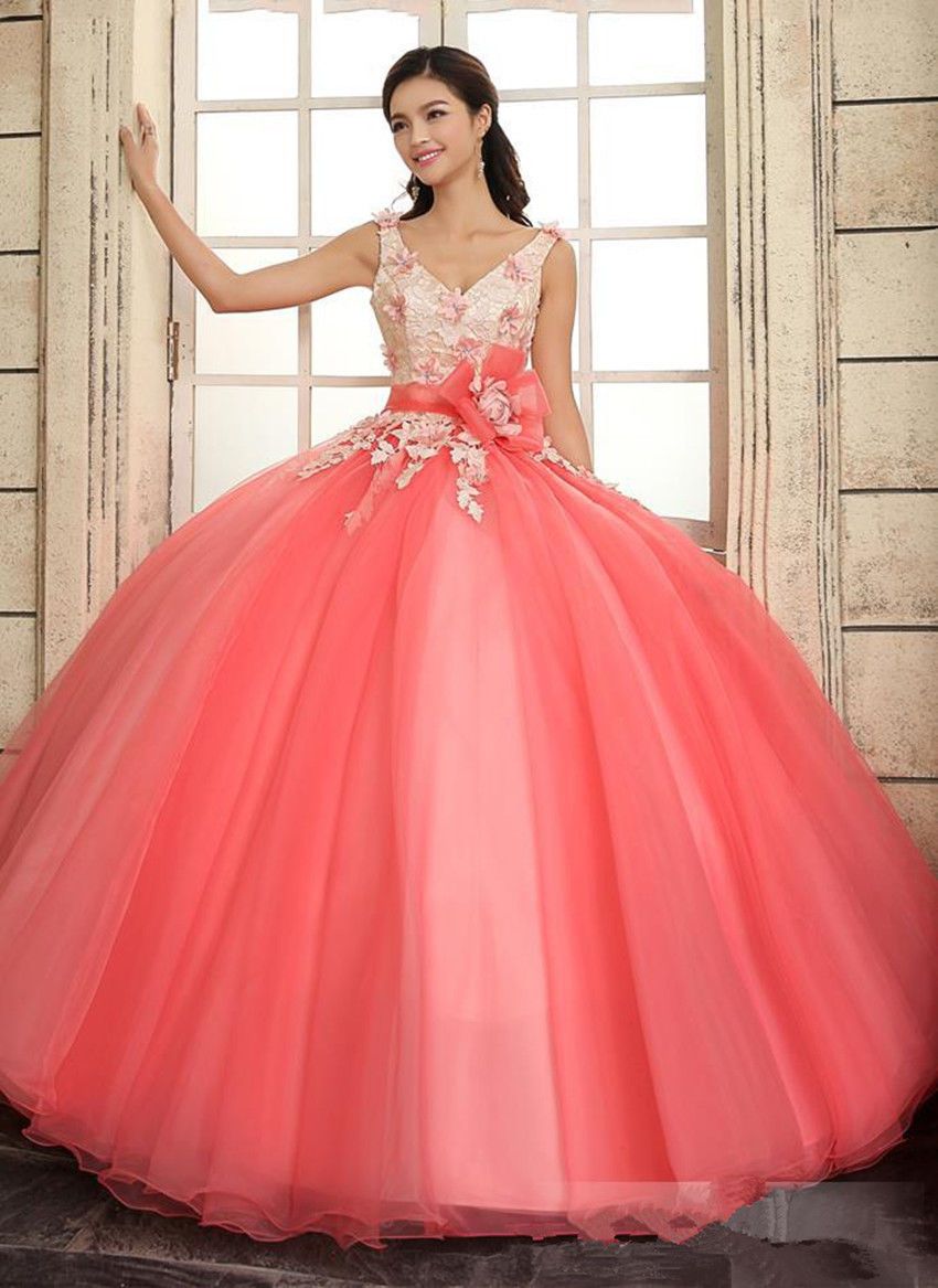 Cheap 2015 Coral Quinceanera Dresses Straps V Neck Floral Embellished