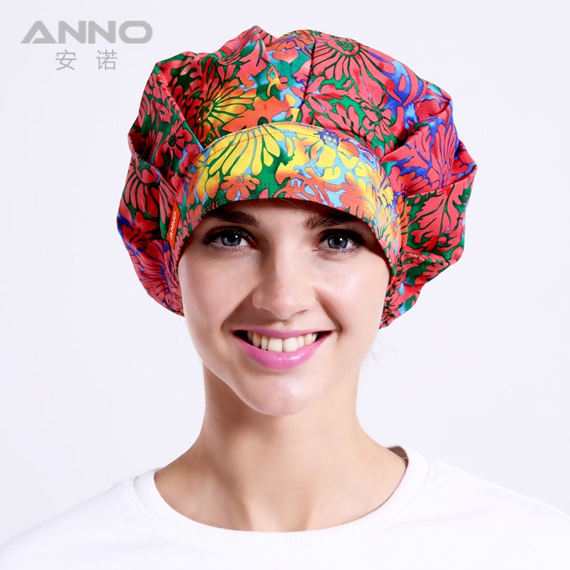 Medical Scrubs Women Bouffant Cap Red With Chrysanthemum Embroidered