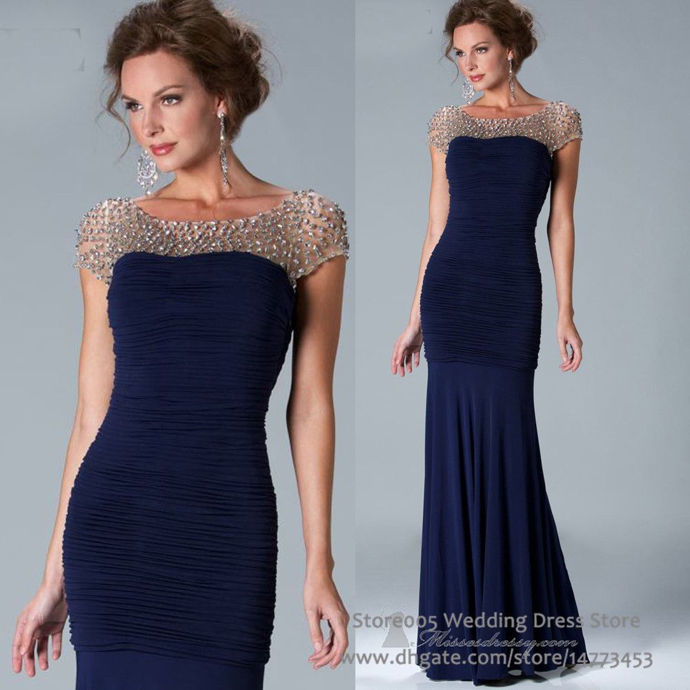 Unique Navy Blue Mermaid Mother Of Bride Dresses Cap Sleeve Crystals