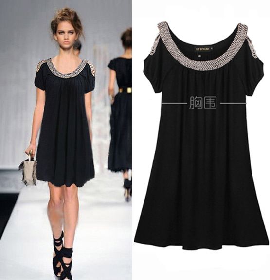 XL3XL Ladies Plus Size Black Beaded Short Sleeve Stretchy Dress