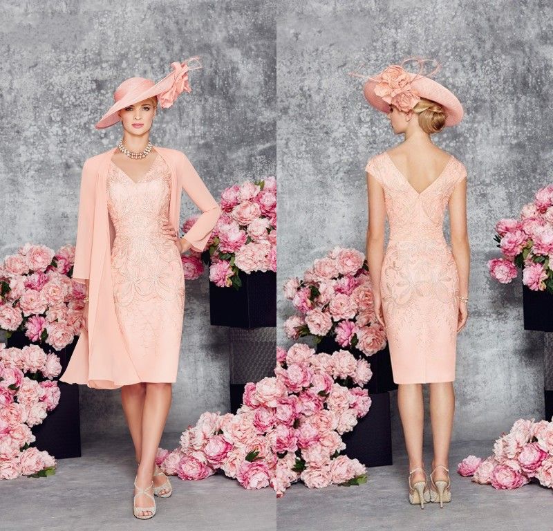 Peach Mother Off Bride Dresses Chiffon Lace Peach Cocktail Dresses Knee