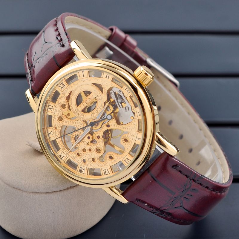Gold Silver Luxury Men'S Watch Mechanical Hand Wind Movement Leather