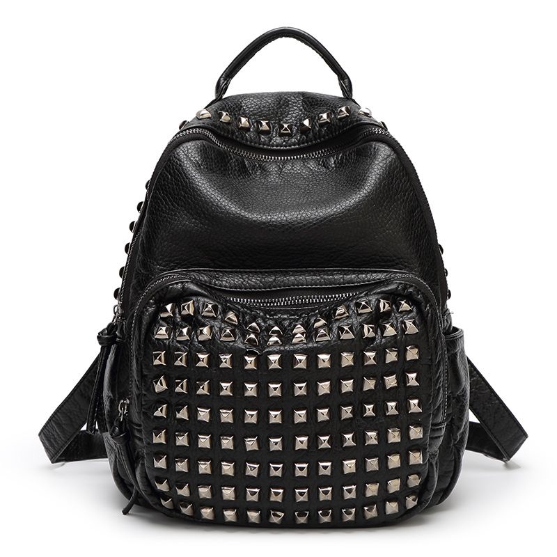 Dropshipping Ladies Backpacks 2015 Designer Big Rivet Black Leather