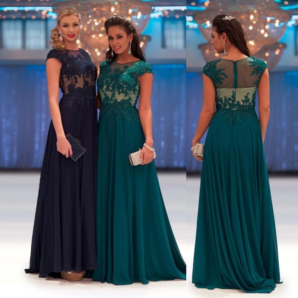 New Arrival Scoop Teal Navy Blue Pageant Prom Dresses Long Appliques Chiffon See Through Lace