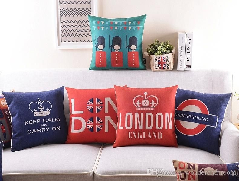 Throw Cushion Covers London Style Crown Pillow Case Linen Cotton