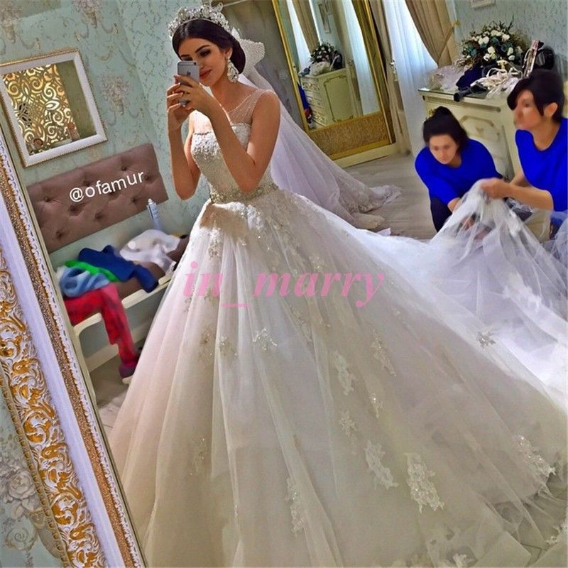 Romantic Arabic Plus Size Country Wedding Gowns 2016 A Line Illusion Bodice Crystal Sequins