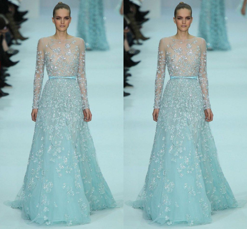 Evening Gown With Illusion Neckline Long Sleeves