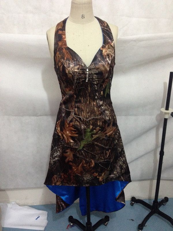 Real Image !Camo Dresses Halter Neck Satin Mossy Oak Prom Dresses Blue