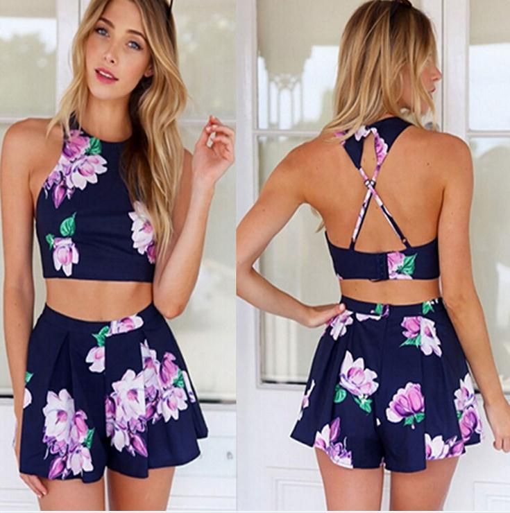 2018 Womens Shorts Suit Sets 2015 New Arrival Vintage Women Flower Print Backless Crop Top