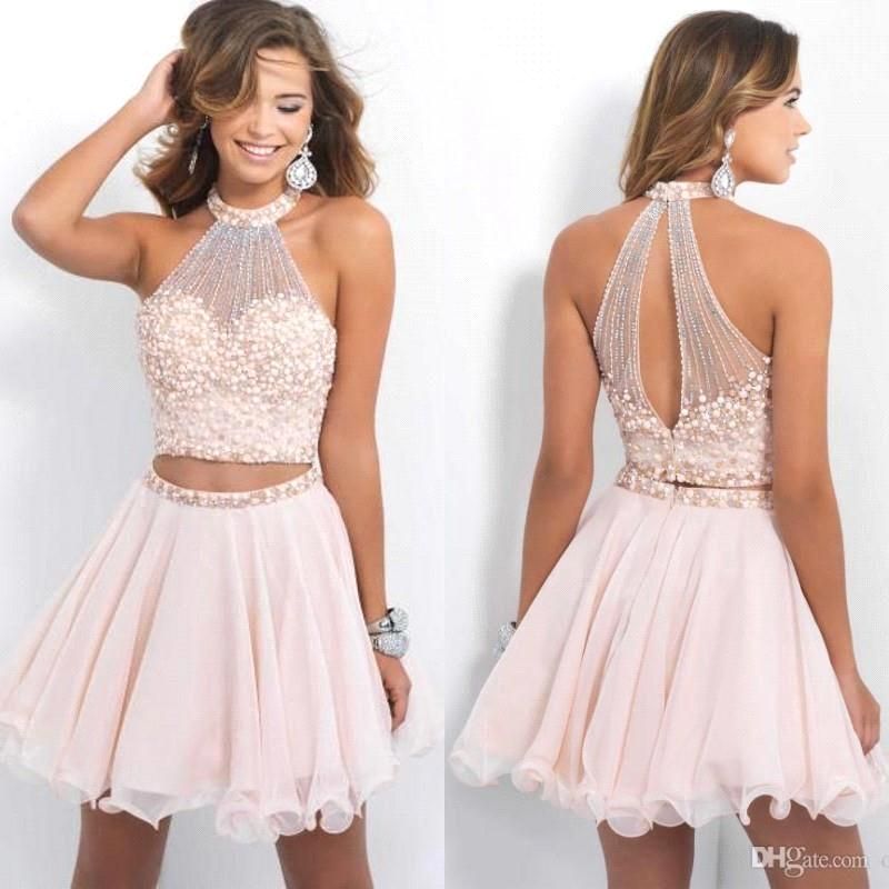 Blush Pink High Neck Two Piece Dresses With Pearls Short