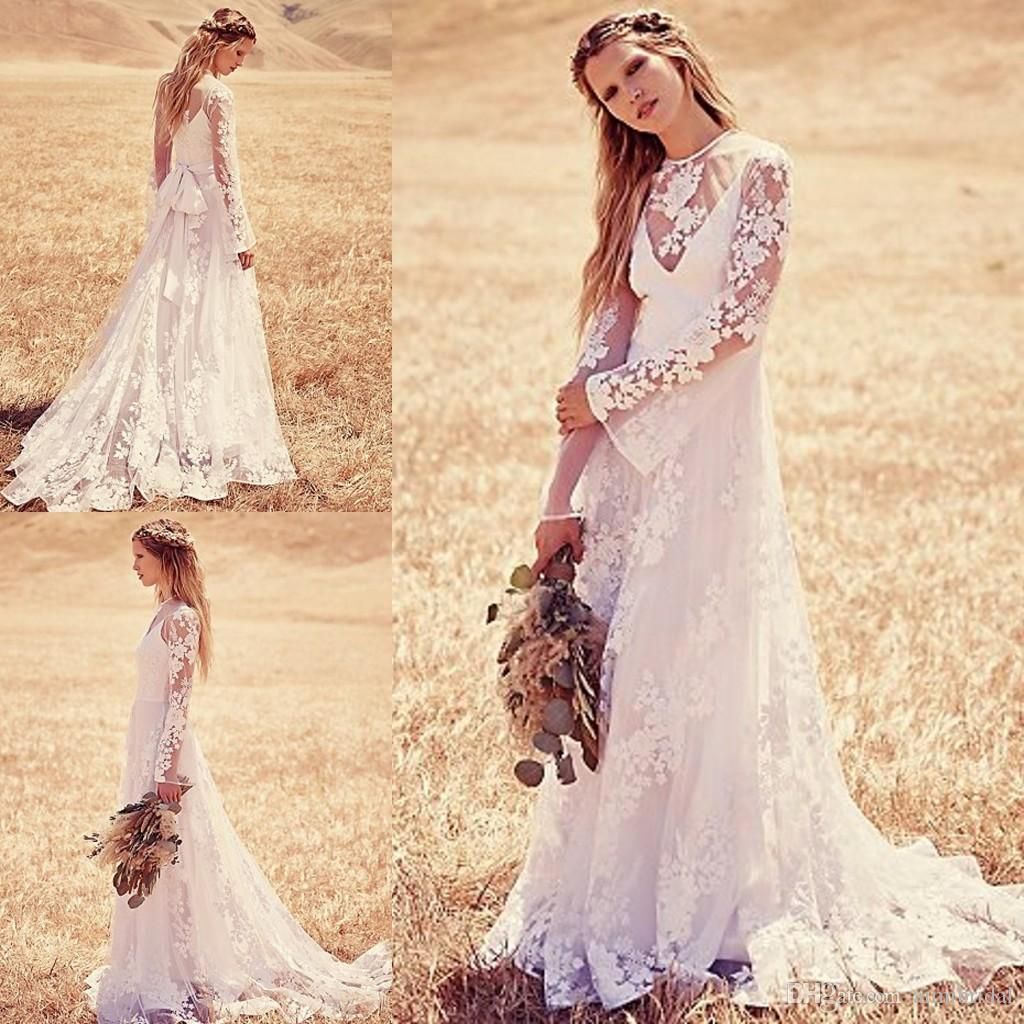 Vintage Lace Bohemian Wedding Dresses 2016 A Line Jewel See Through Zipper Back Long Sleeves ...