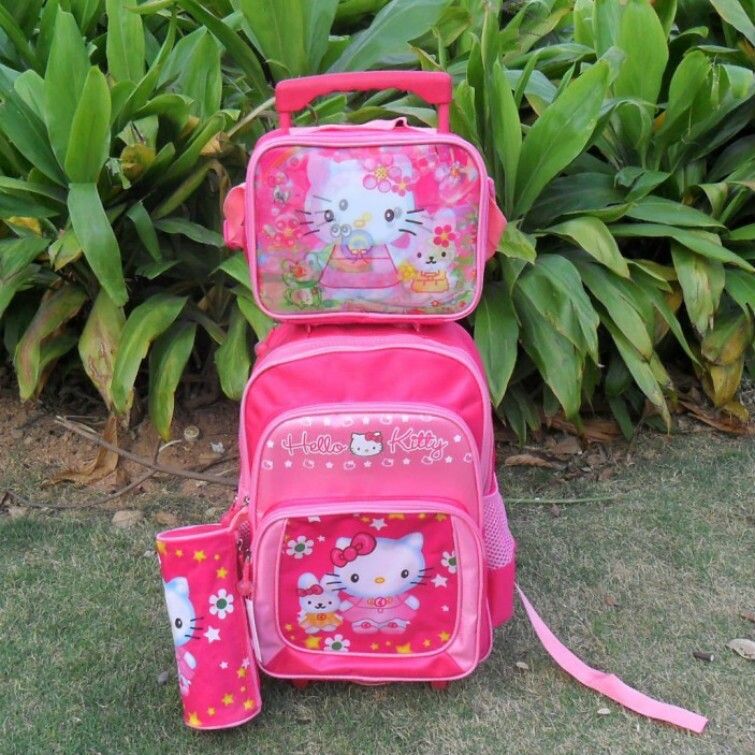 In New Hello Kitty Mochilas Kids Cartoon Trolley School Bag Set Girls