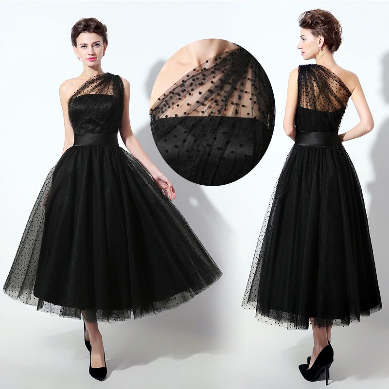 2016 Black Tea Length Prom Dresses A Line Design One Shoulder Tulle
