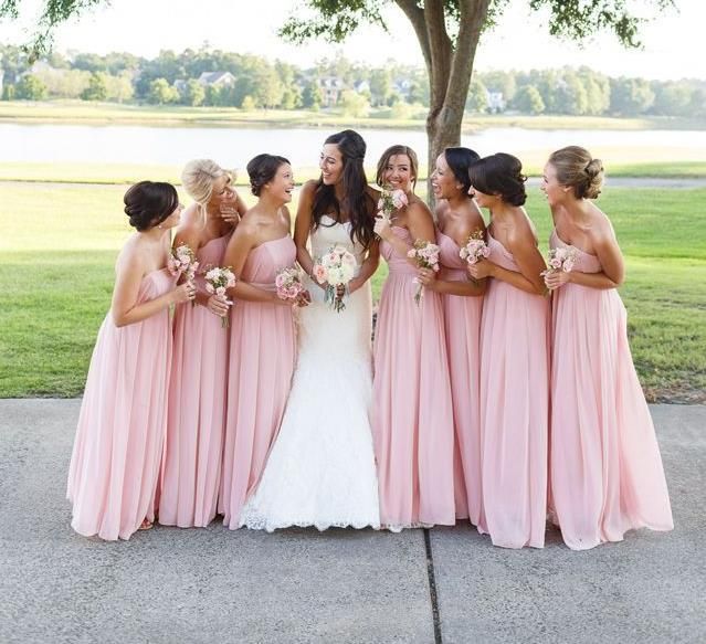 2016 Fashionable Baby Pink Bridesmaid Dresses 2015 Long Strapless Chiffon Pleats Formal Occasion