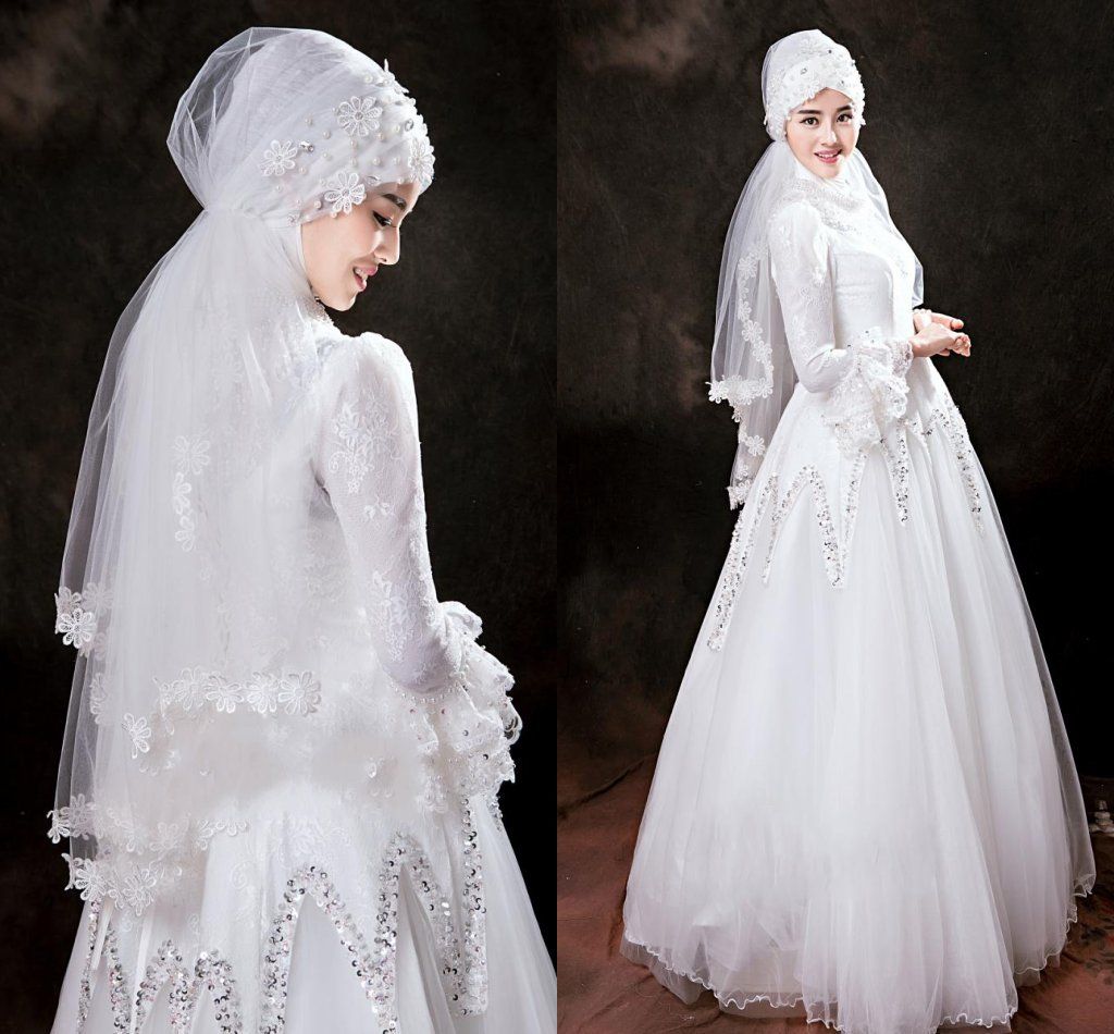 2015 Modest Muslim Hijab Bridal Veils Head Scarf Robe Abaya Arabic Make