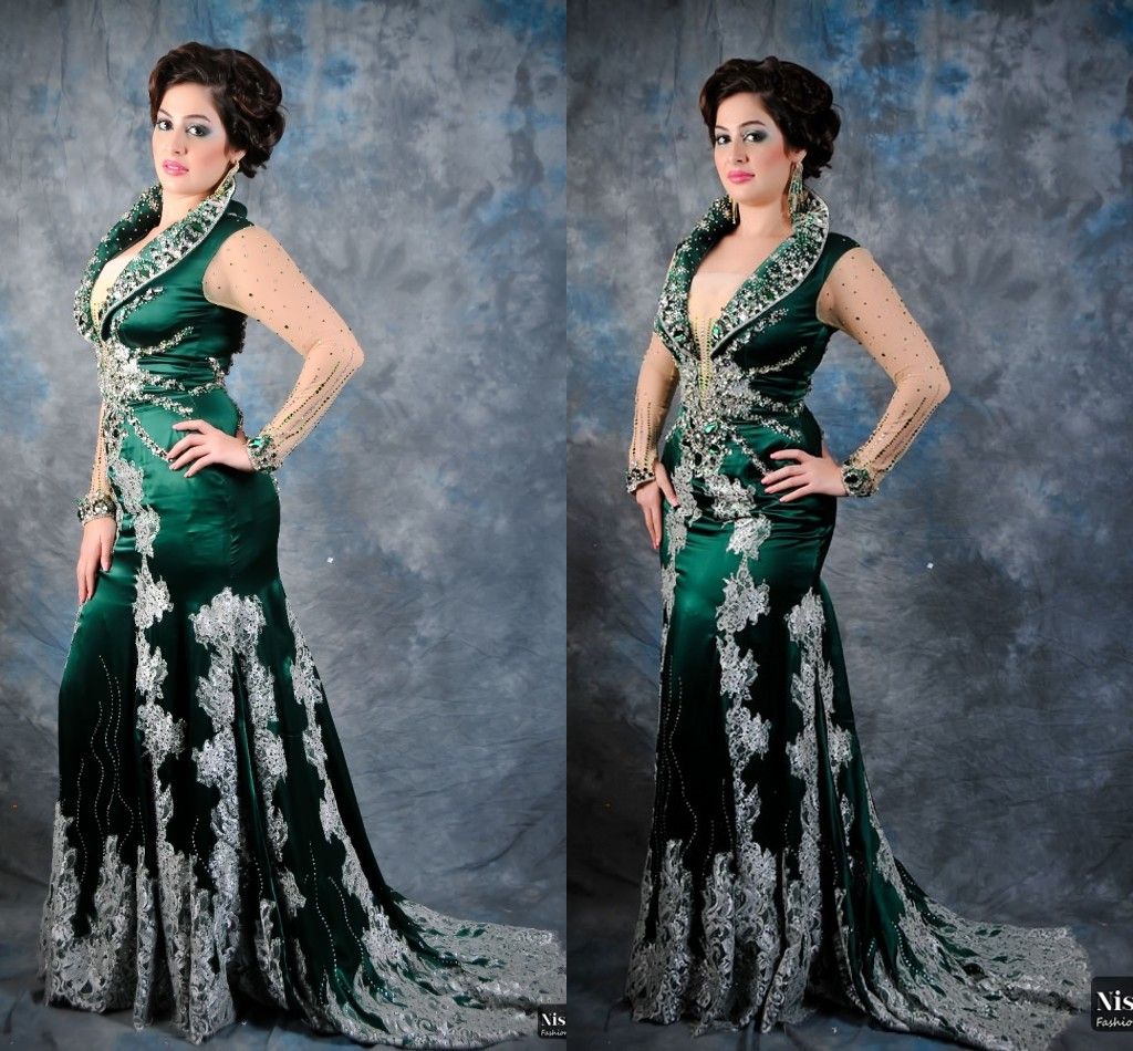 Hot Fashion Dubai Green Evening Gowns With Illusion Long Sleeves