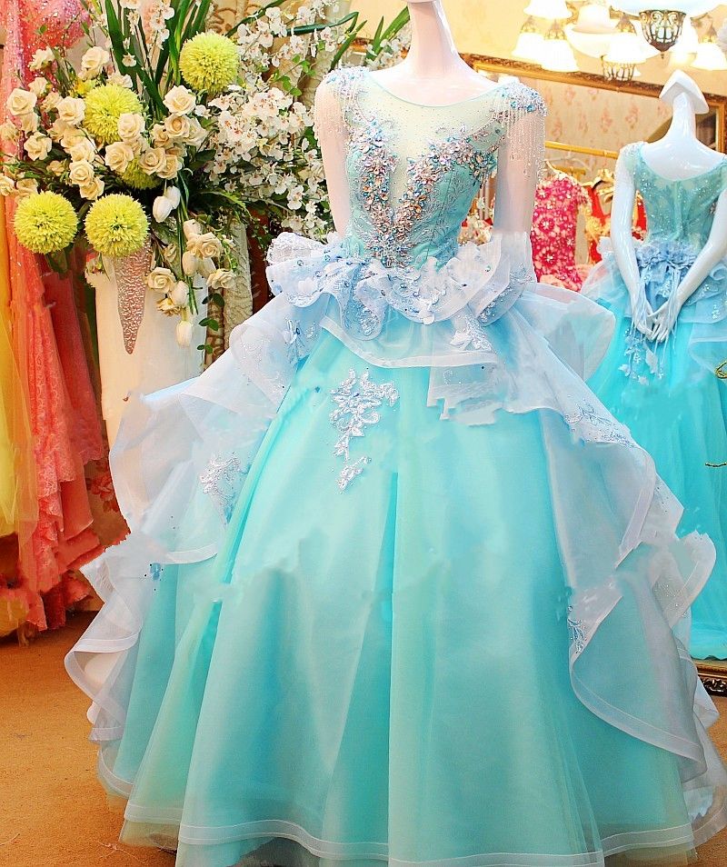 2015 Quinceanera Dresses Light Sky Blue Organza Cascading Floor Length