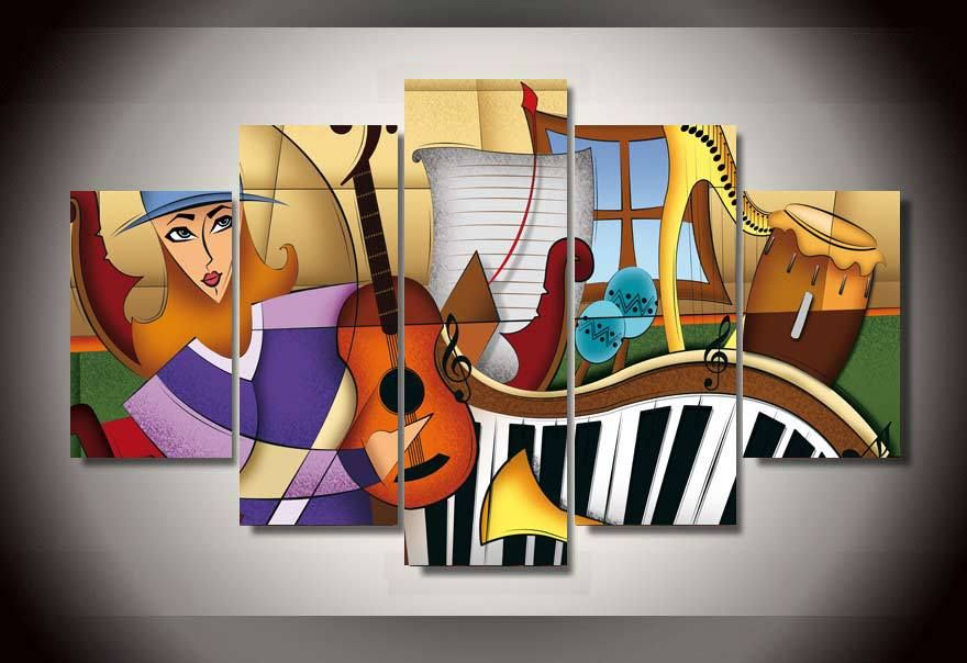 5 Piece Framed Printed music instruments color Group Painting children