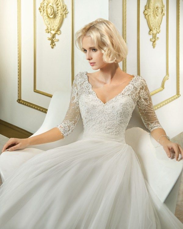 Оптом - Три четверти рукавом тюль-Line V шеи цветочные аппликации 2015 Cosmobella 7723 свадебные платья свадебные платья 1210