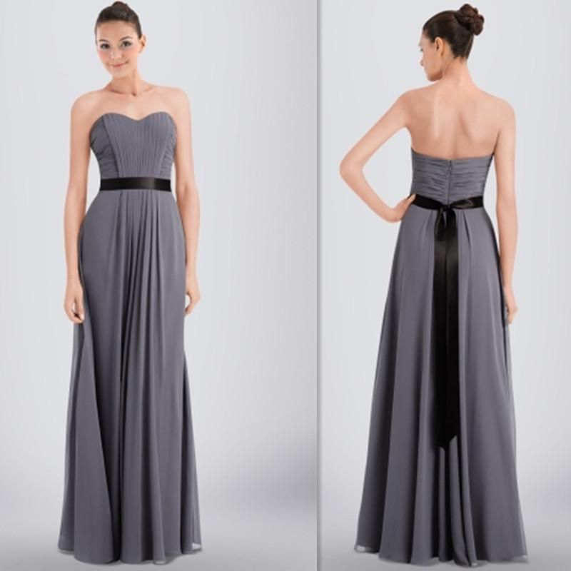 Modern Gray Bridesmaid Dresses With Black Sash Pleats Aline Long