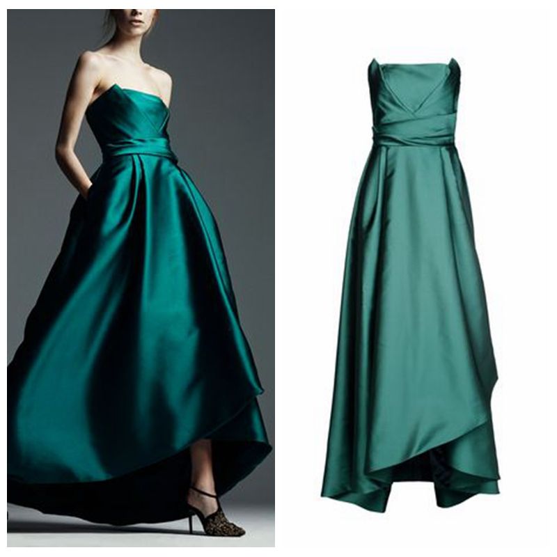 High End Custom Made 2016 Satin Evening Dresses Turquoise Strapless A Line Tea Length Plus Size