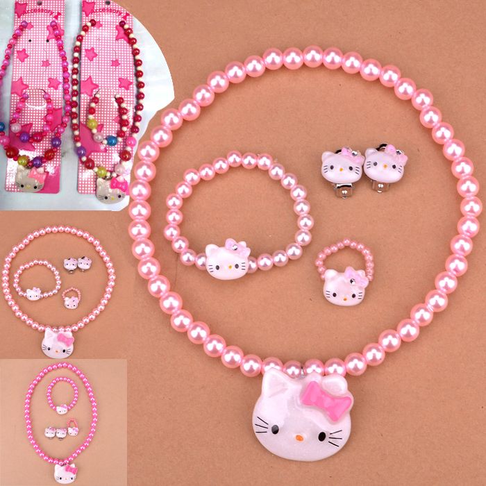 Hot Sale Hello Kitty Jewelry Sets Cute Candy Pearl Necklace Bracelet
