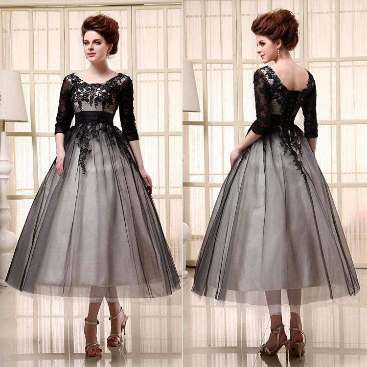 New Aline Tea Length Black Prom Dresses 3/4 Sleeves Empire Waist Crew