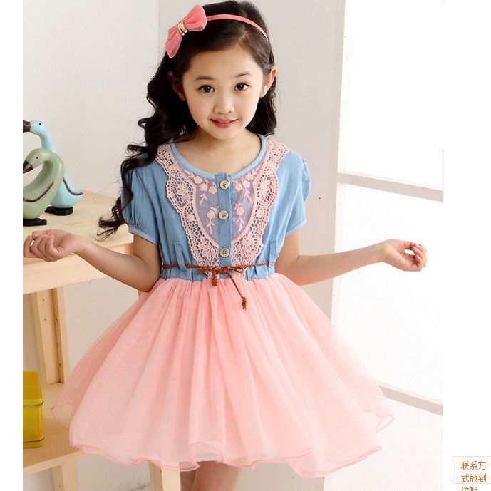 2015 Newest Summer Girls Denim Dress Baby Tutu Princess Clothes Lace