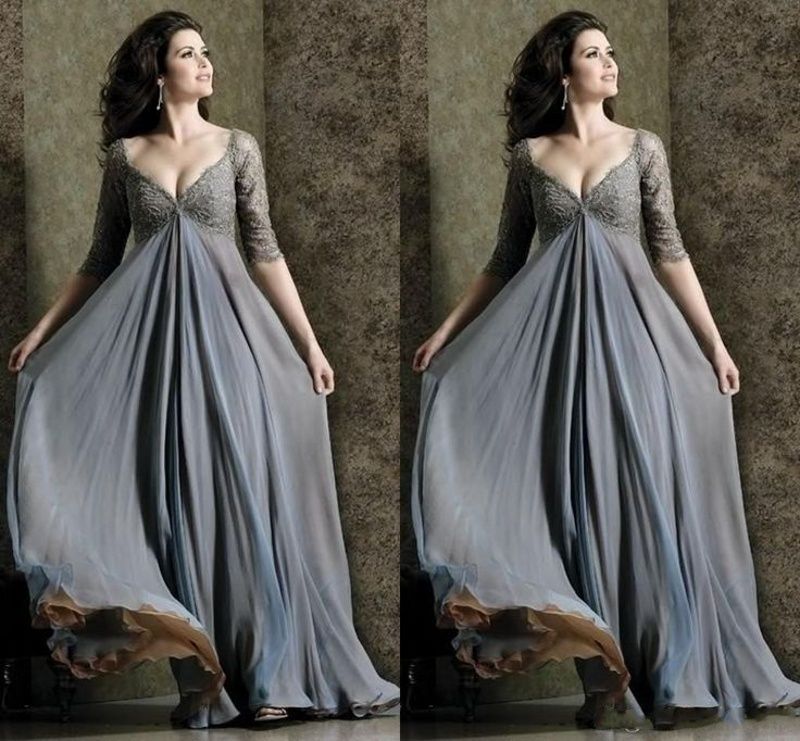 Plus Size Grey Evening Dresses V Neck With Appliques Empire A Line