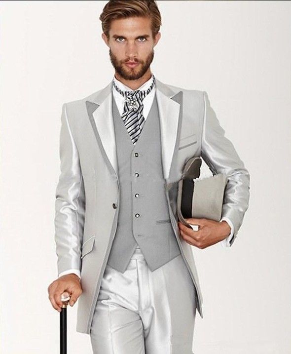 Shiny Silver One Button Groom Tuxedos 2015 Hot Mens Suits For Wedding