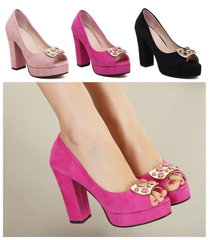 Spring Fall Hot Pink Peep Toe Chunky Heels 2015 Shoes Women Sexy High