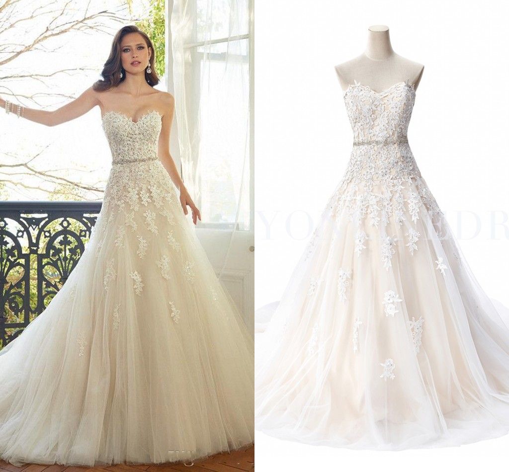 Romatic Cheap Hot Wedding Dresses Sweetheart Lace Appliques Beaded Belt Corset Back Court Train