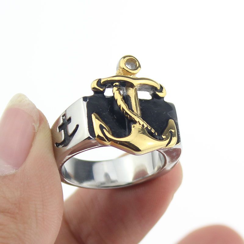 Mens Navy Nautical Sailor 316l Stainless Steel Anchor Ring Silver Gold