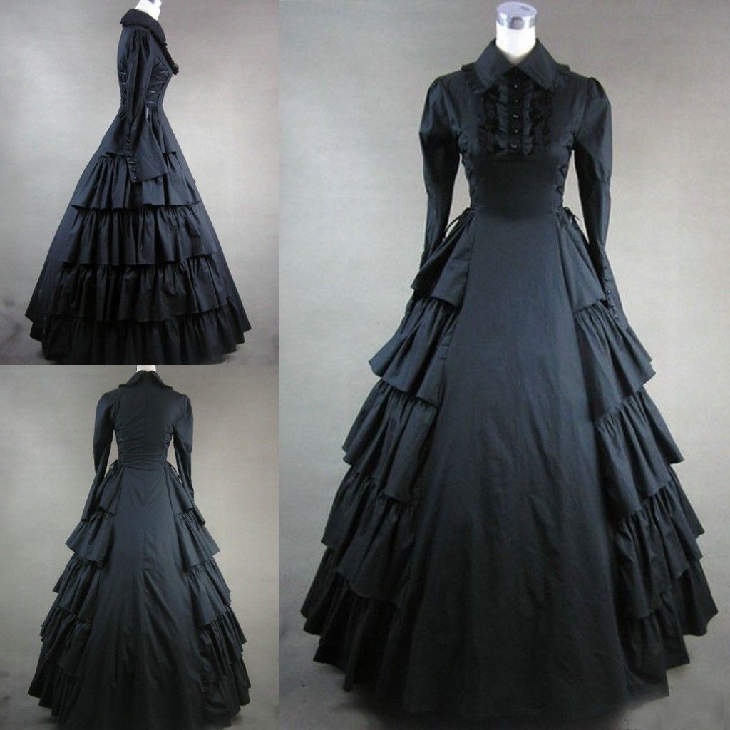 Long Sleeves Black Gothic Victorian Style Gown Dress Cosplay ...