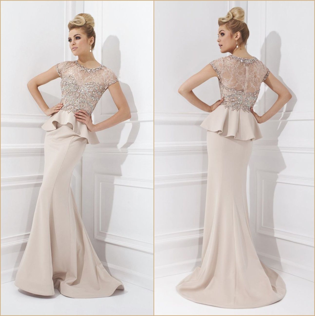 2015 Stunning Peplum Evening Dresses Beaded Jewel Neck Lace Appliqued