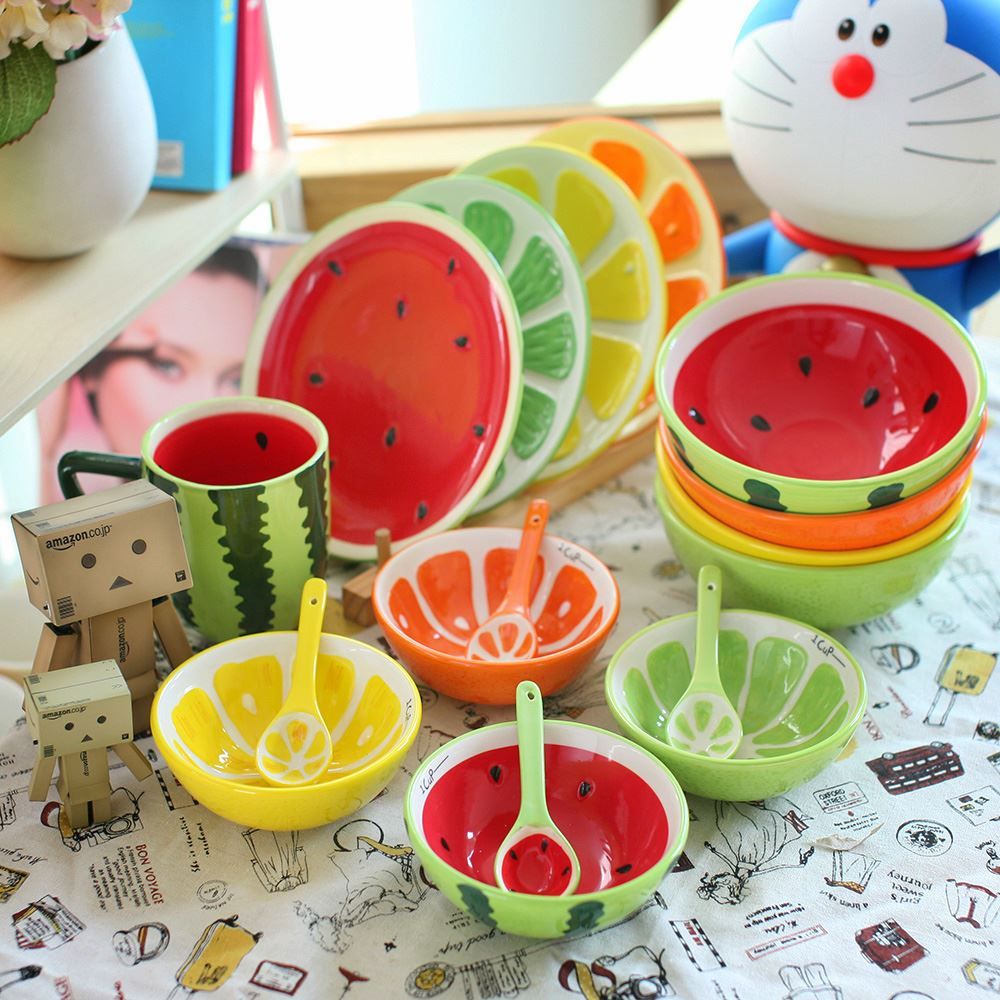 Porcelain Dinnerware Sets Fruit Shape Lemon Bowls Watermelon Mug Blue