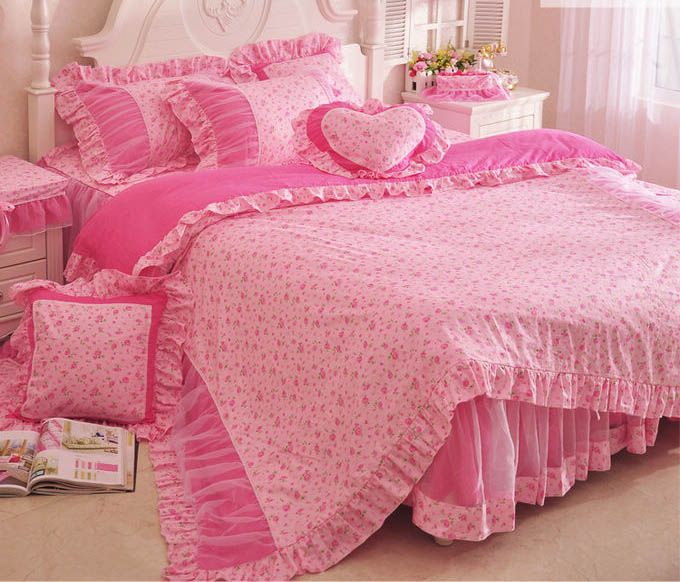 Nice Rose Pink Princess Girl Lace Bed Skirt Floral Bedding Set Lady 100 Cotton Duvet Cover