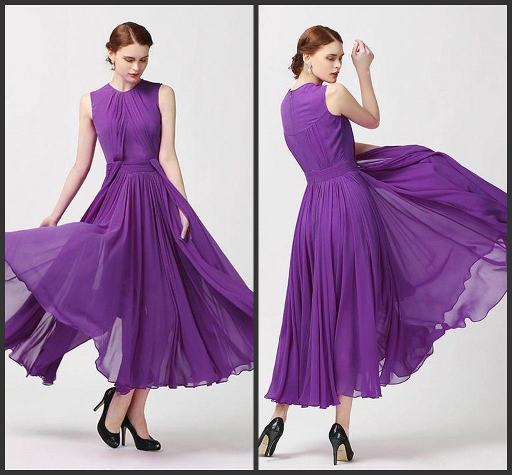 Simple Purple Bridesmaid Dresses Crew Ruffles Ankle Length Chiffon Sash