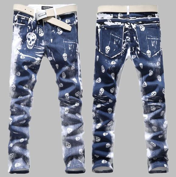 2017 2015 New Sales Top Men Jeans Brand Pu Leather Blue Skulls Pants