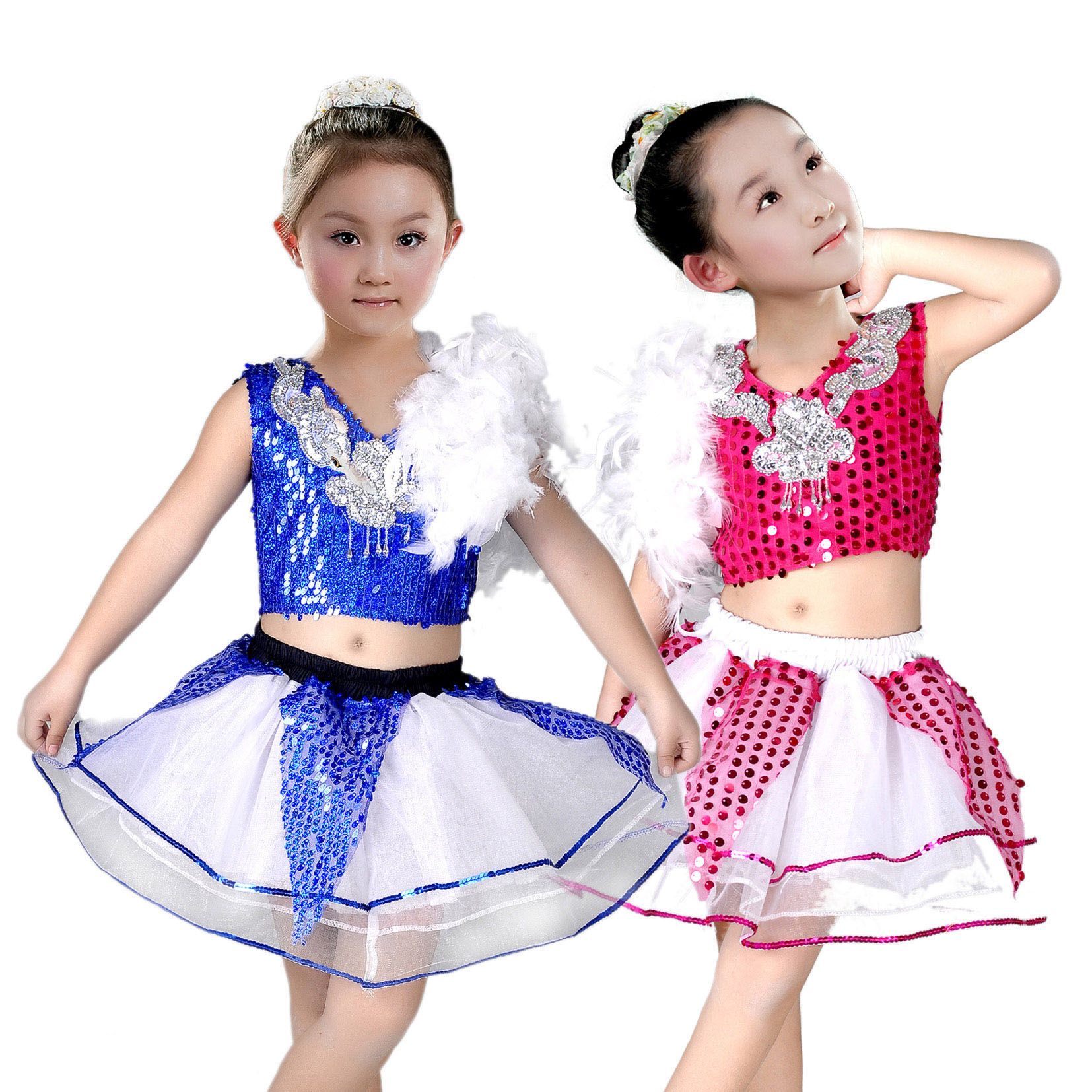 2017 New Girls Children Dance Costumes Sequins Feather Shawl Jazz Dancewear Hip Hop Modern Dance