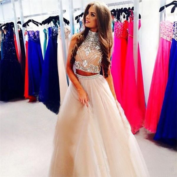 2015 Two Piece Prom Dresses Champagne Tulle Long Prom Dresses High ... 2015 Two Piece Prom Dresses Champagne Tulle Long Prom Dresses High ...