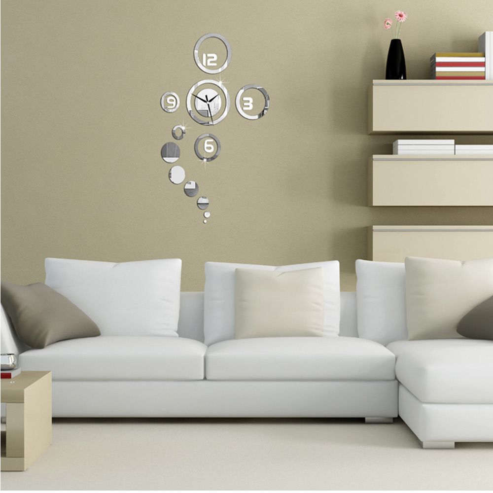 Creative diy round mirror glass clock set mur cercle design ...