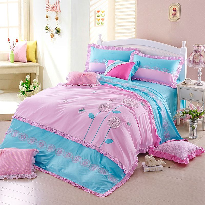Pink Blue Elegant Lace And Embroidery Floral 100 Cotton Bedding Sets