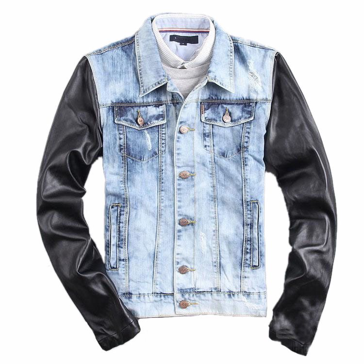 New Fashion Men Blue Ripped Jeans Jacket Leather Sleeve Vintage Color