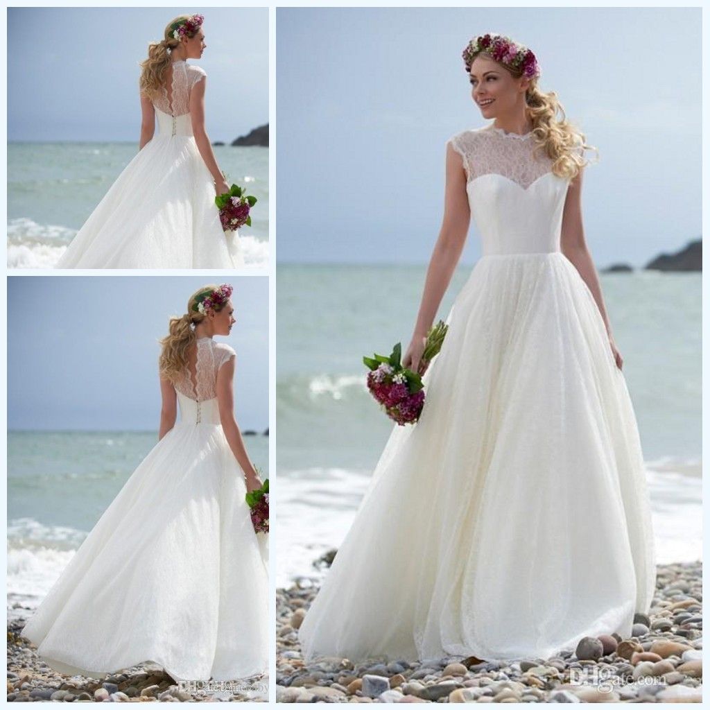 Discount 2016 Summer Beach A Line Wedding Dresses Sheer Lace Crew Neck