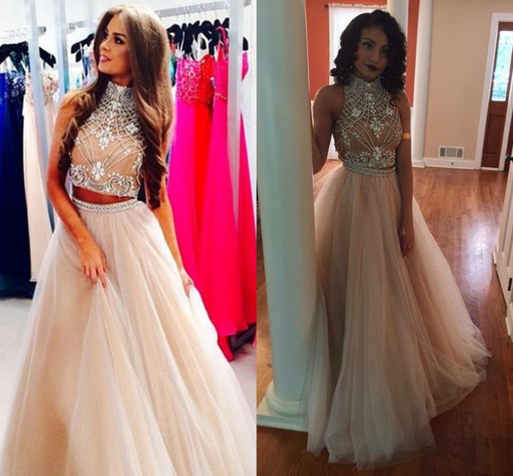 High Neck Two Piece Prom Dresses 2015 Spring Backless Beads Crystals