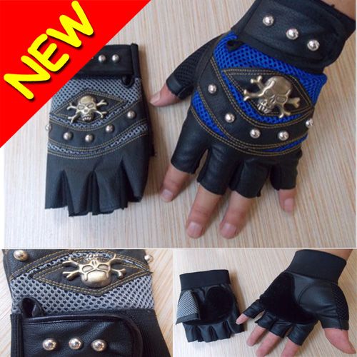 New Retail Mens Pu Leather FINGERLESS Pirate Skull Gloves Outdoor