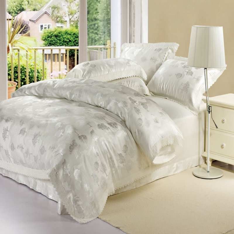 White Trees Silk Satin Jacquard Bedding Sets Luxury For King Queen Size